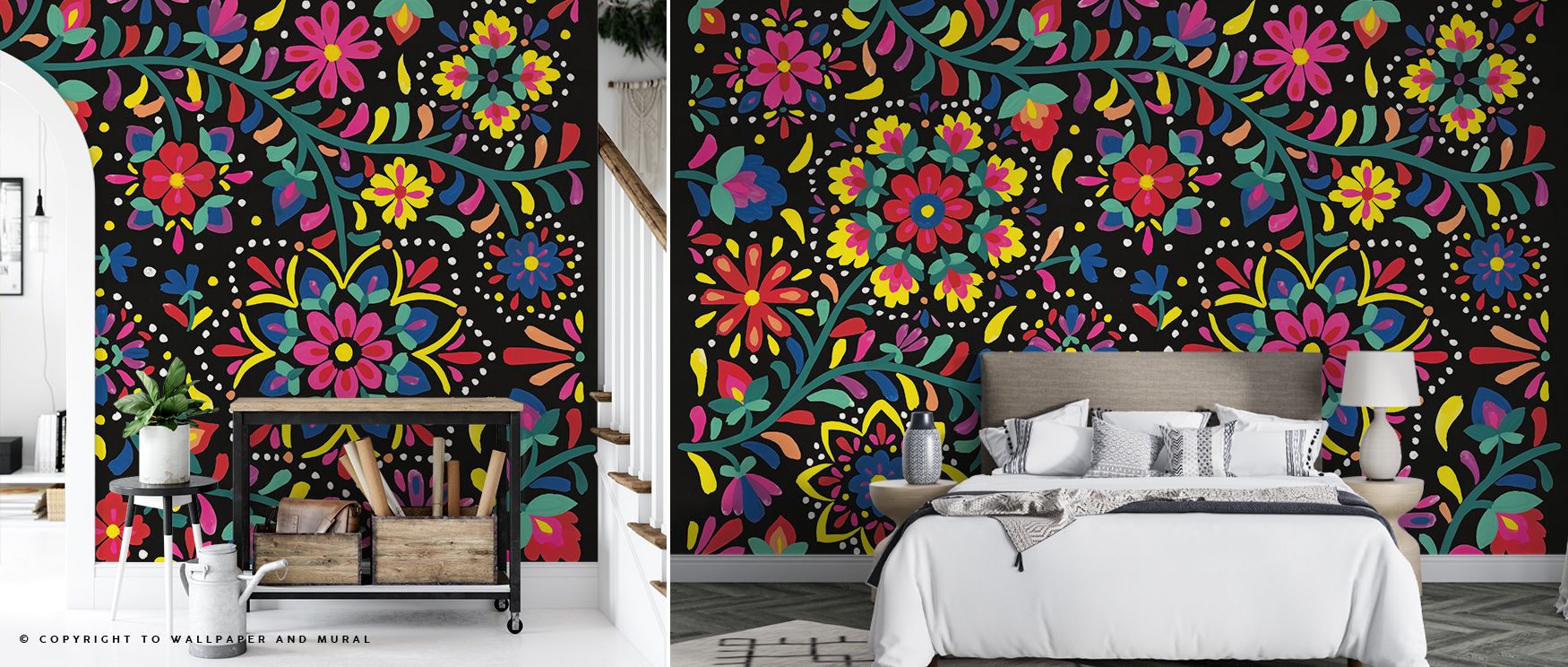 A tapestry of colorful florals flows across Floral Fiesta I Wallpaper, each bloom contributing to a lively composition that inspires positivity. Its vivid palette enhances interiors with cheer and warmth, making it perfect for bright living spaces filled 
