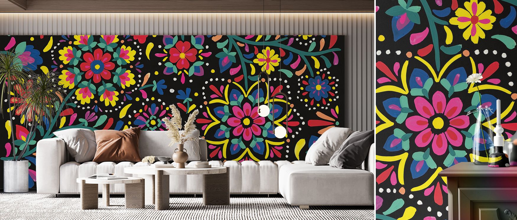 The atmosphere of Floral Fiesta I Wallpaper reflects festive beauty, where blossoms in bold hues bring a sense of celebration to interiors. Each detail adds energy, ideal for enhancing living spaces with a vibrant and cheerful design full of natural charm
