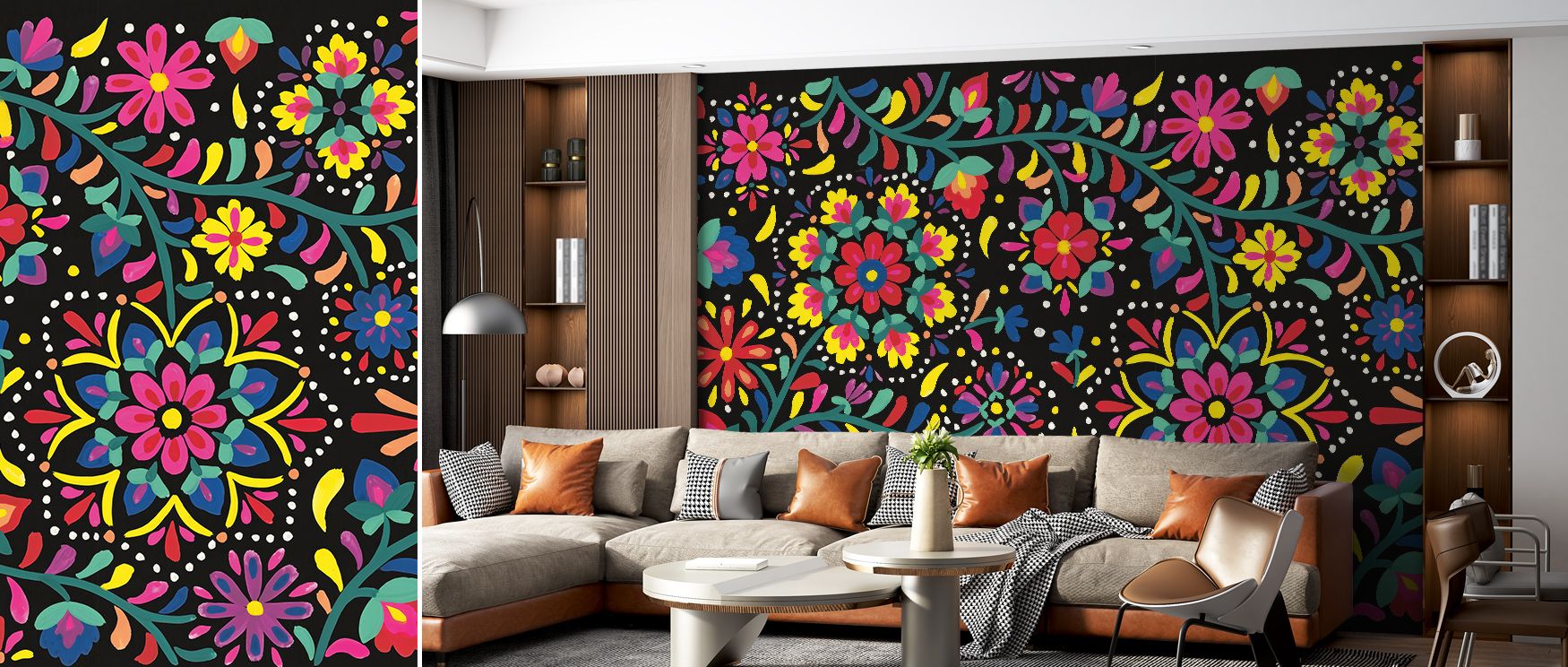 Vibrant blossoms flourish in Floral Fiesta I Wallpaper, spreading across surfaces with a rhythm of color and vitality. Its joyous tone radiates warmth into interiors, perfect for creating a lively environment filled with positive energy and cheerful livin
