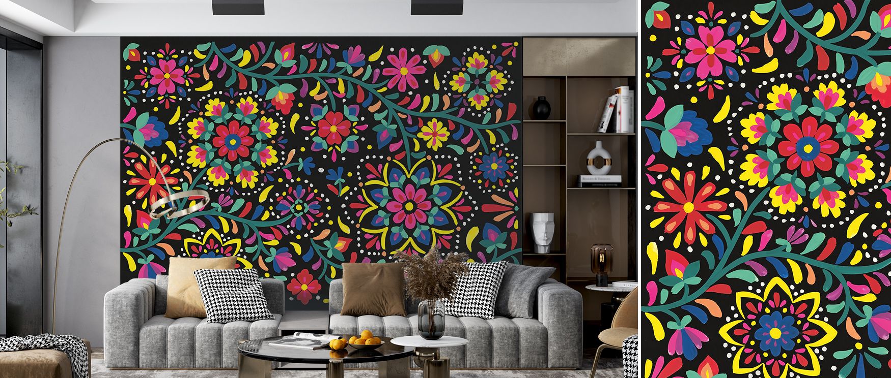The essence of happiness thrives within Floral Fiesta I Wallpaper, where colorful blossoms dance across walls in radiant hues. This bold expression enriches interiors with vitality and positivity, ideal for living areas devoted to cheer and radiant beauty