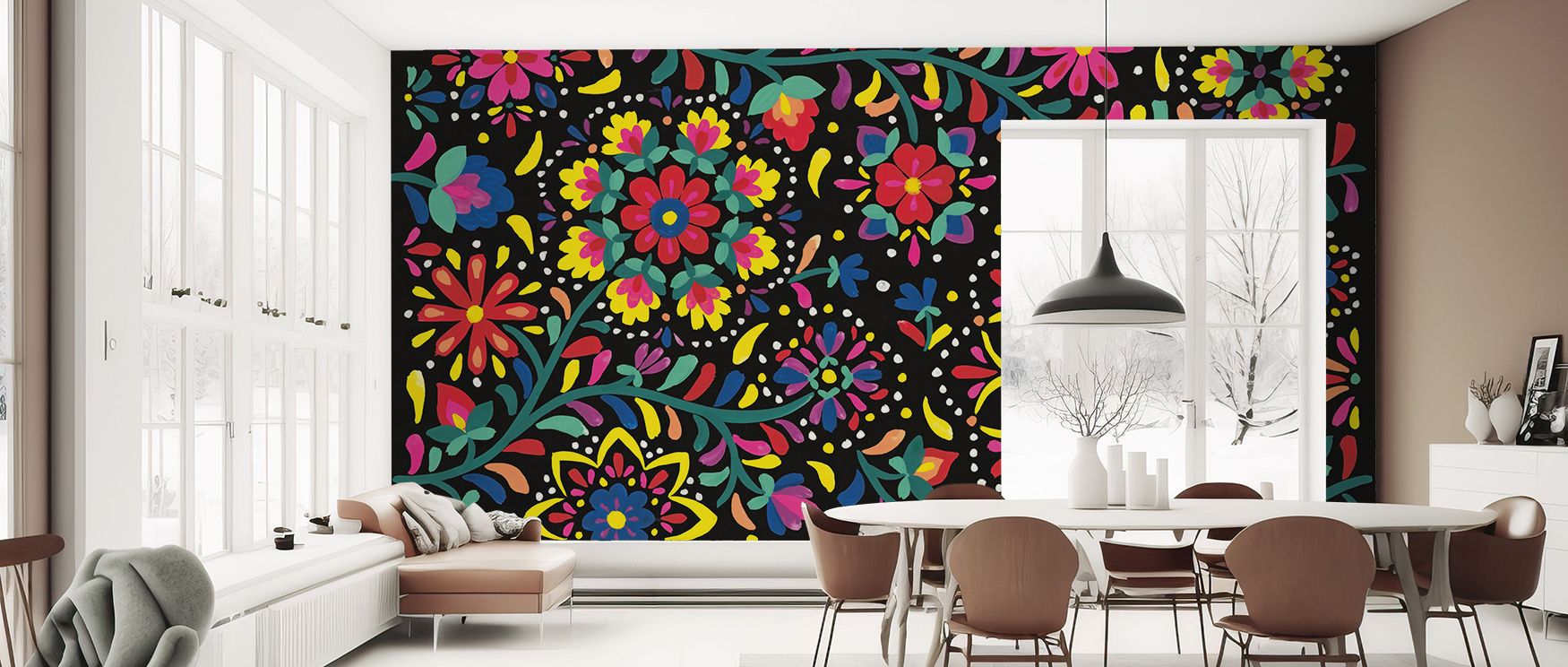 In the lively presence of Floral Fiesta I Wallpaper, interiors glow with celebratory charm, as vivid blossoms harmonize in radiant color. This design enhances the mood of a room, ideal for spaces where joy, brightness, and beauty create balance and energy