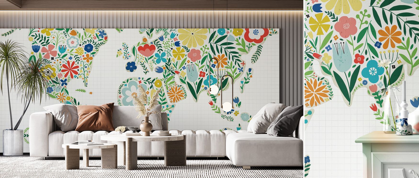 Subdued elegance flows through Floral World White Wallpaper, where blossoms in soft white bring timeless refinement to interiors. The design fosters harmony and balance, enriching spaces with calm sophistication, ideal for a serene living environment that