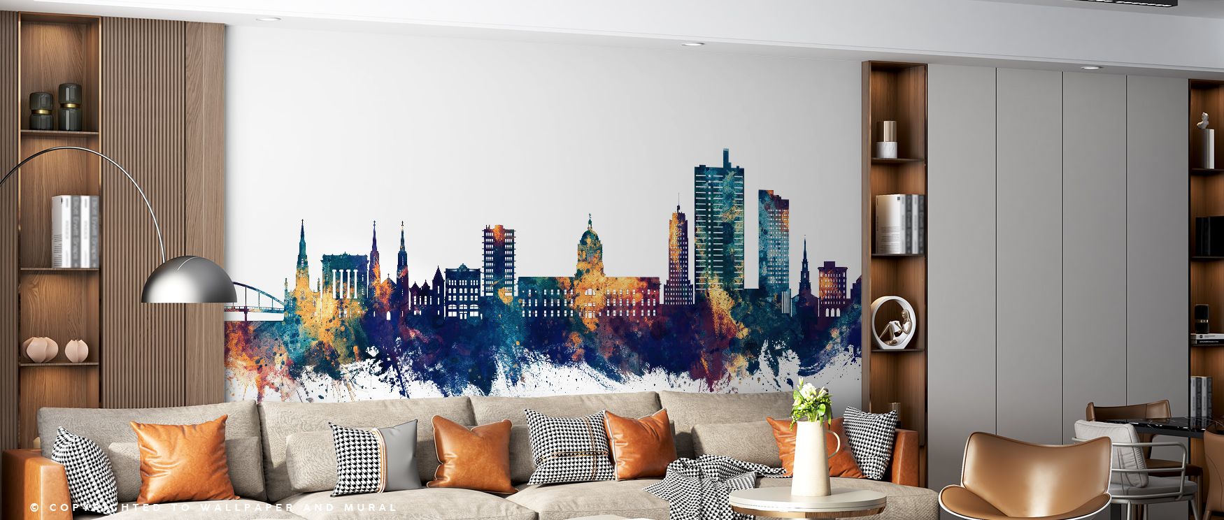 The artistry of Fort Wayne Indiana Skyline Blue & Bronze Wallpaper shines in its palette, where blue tones suggest serenity and bronze conveys warmth. This harmony enriches walls with both energy and elegance, ideal for interiors where cultural spirit and