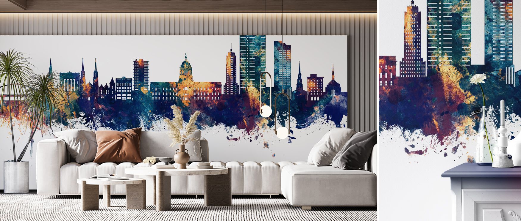 In Fort Wayne Indiana Skyline Blue & Bronze Wallpaper, structures rise with clarity, blending artistry and pride into panoramic views. Each silhouette adds depth and atmosphere, enriching interiors with cultural charm. This design makes walls focal points