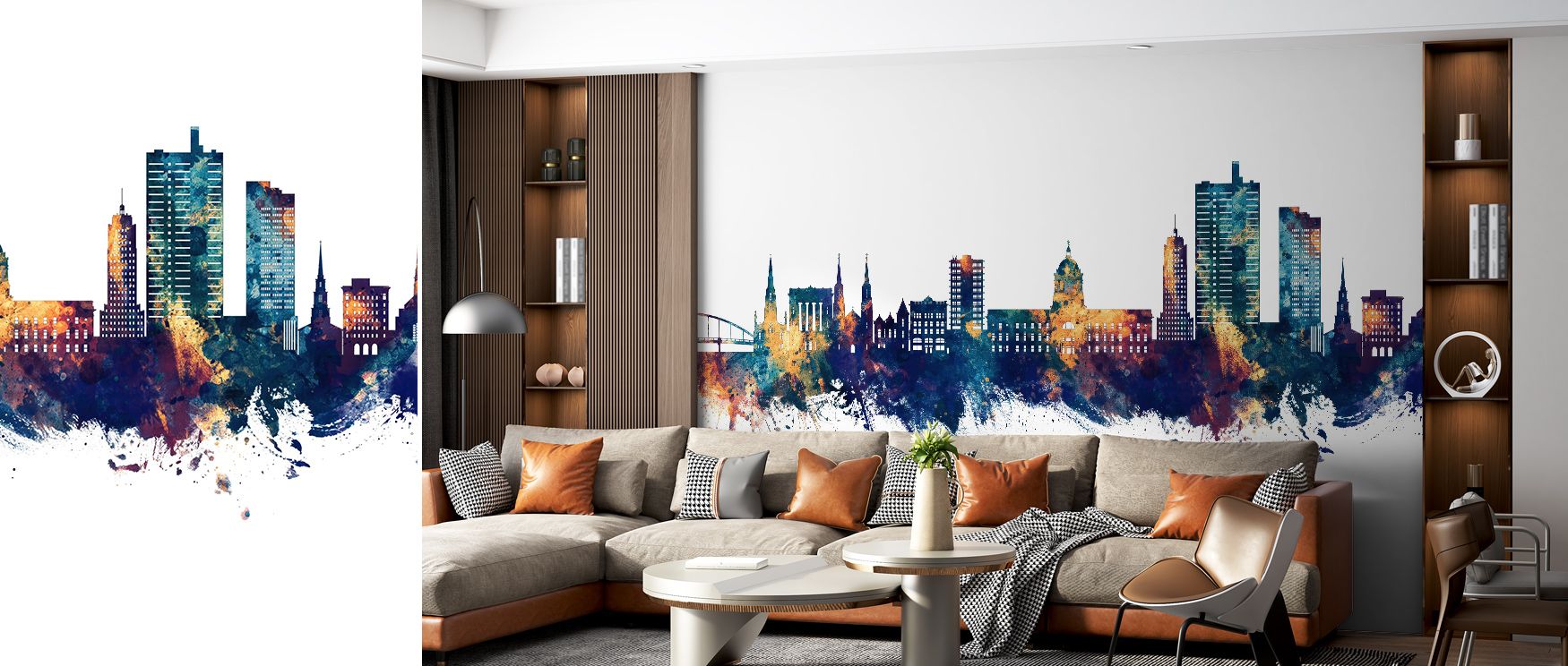 Fort Wayne Indiana Skyline Blue & Bronze Wallpaper enhances spaces with its flowing rhythm, where tones of warmth and depth create balanced composition. The design brings cultural pride to life, making interiors vibrant. It is ideal for living spaces that