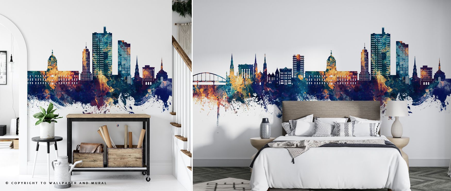 Fort Wayne Indiana Skyline Blue & Bronze Wallpaper celebrates architecture in refined tones that honor heritage while radiating style. The cityscape appears elegant yet strong, creating interiors that thrive on cultural charm. This wallpaper makes walls r