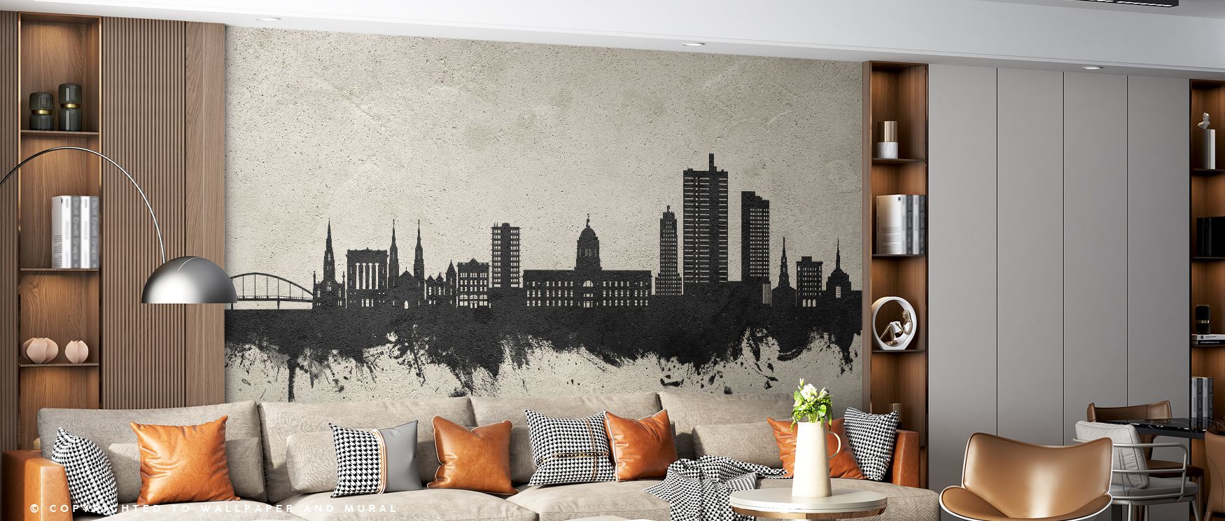 Fort Wayne Indiana Skyline Concrete Wallpaper reflects strength and refinement, as buildings stand in striking grey tones. The design creates interiors filled with balance and energy, offering both pride and composure. It transforms walls into artful expr