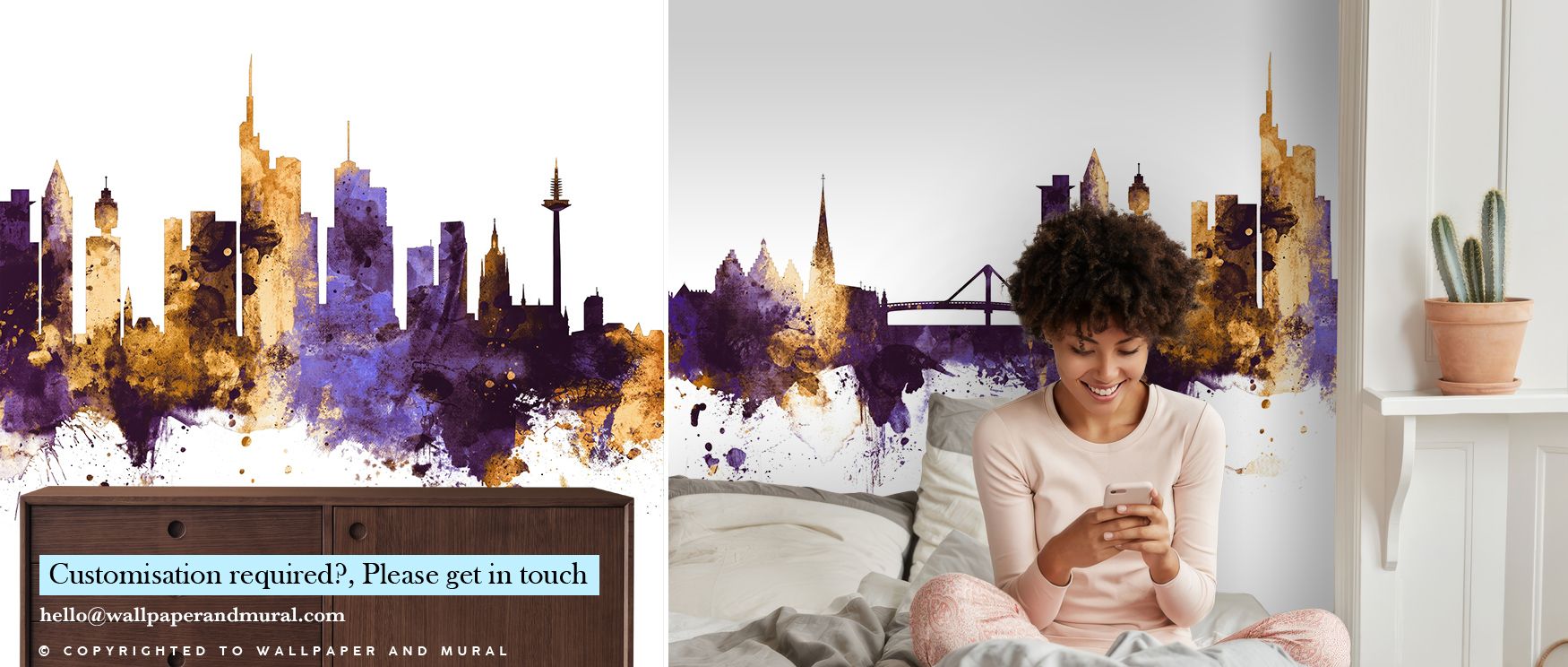 Frankfurt Skyline Purple & Gold Wallpaper thrives on contrasts, where golden highlights shimmer against deep purple silhouettes. The cityscape is rendered with depth, enhancing interiors with vitality. Its design enriches walls with metropolitan sophistic