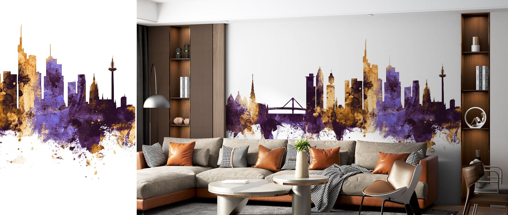 In Frankfurt Skyline Purple & Gold Wallpaper, city pride unfolds in rhythm, where structures rise in golden glow over purple tones. The design radiates elegance, filling interiors with character. It turns walls into reflections of heritage and sophisticat