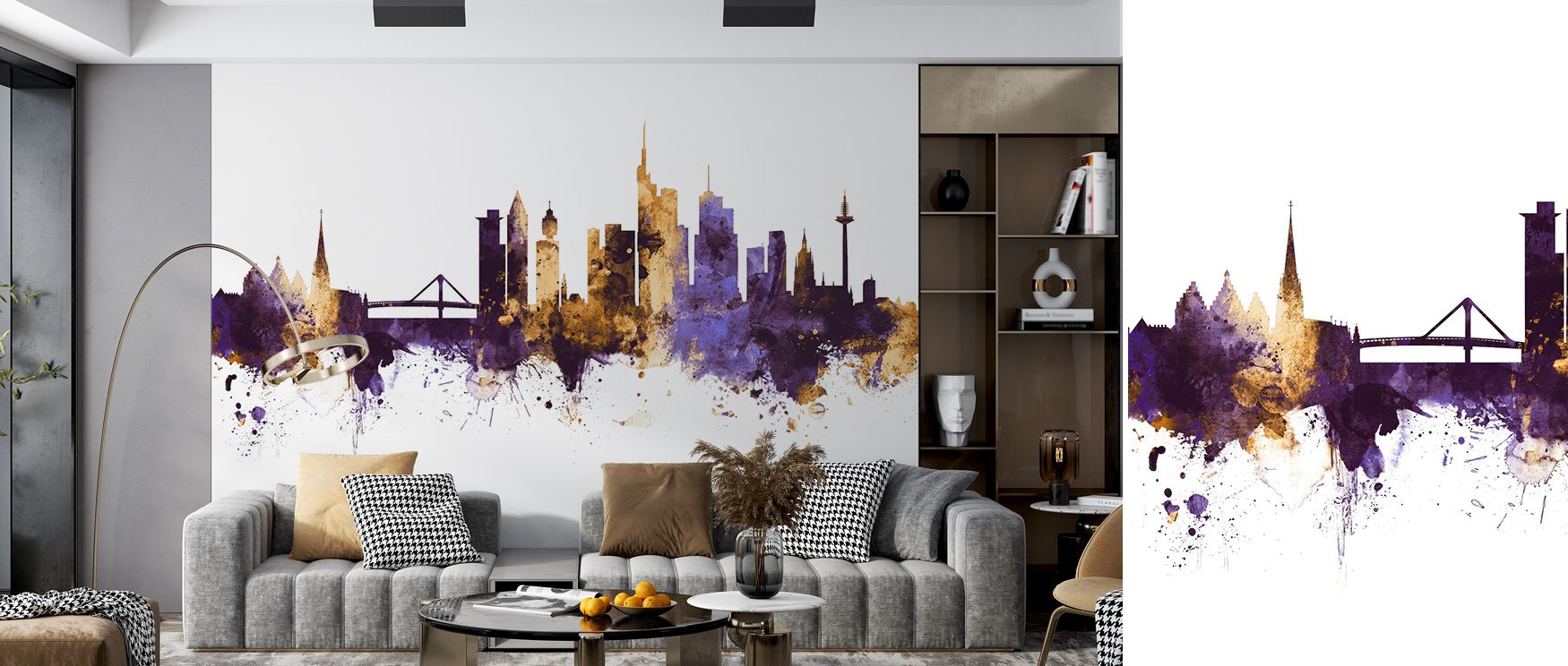 Frankfurt Skyline Purple & Gold Wallpaper radiates sophistication as its silhouettes glow in regal tones. Each element enhances interiors with cultural identity, creating balance and depth. The design makes walls vibrant and elegant, perfect for modern sp