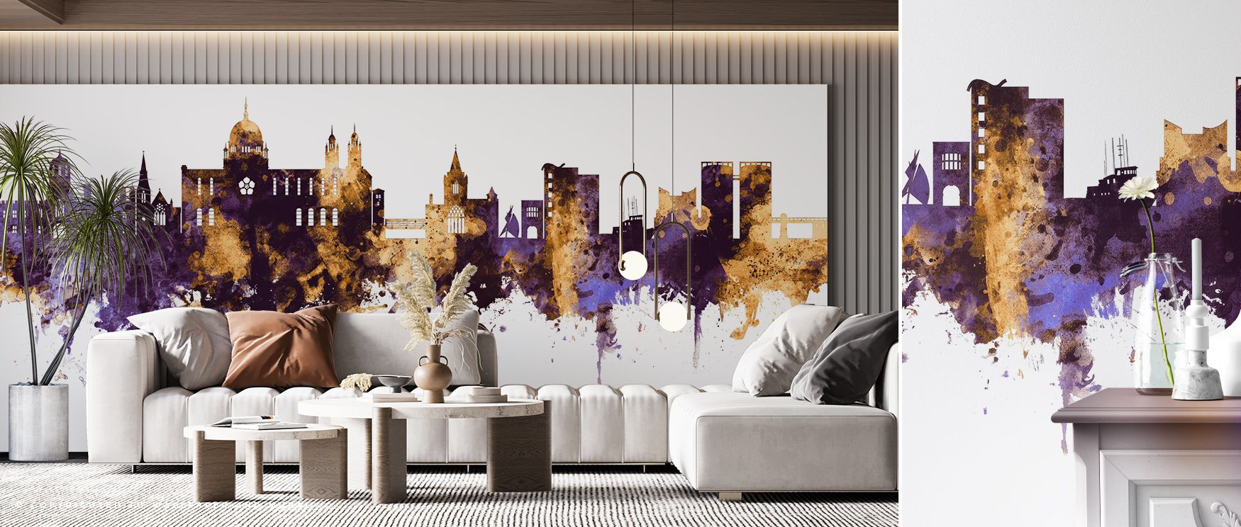Galway Ireland Skyline Purple & Gold Wallpaper radiates charm, where structures rise with rhythm in regal hues. The design enhances interiors with cultural resonance, making walls vibrant and sophisticated. It enriches spaces with atmosphere, ideal for se
