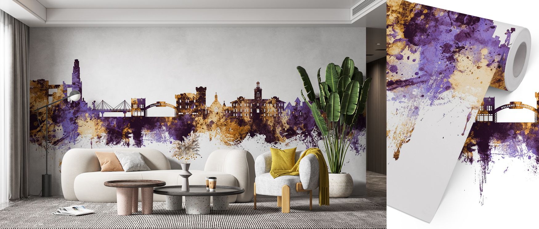 Golden Colorado Skyline Purple & Gold Wallpaper reflects heritage through a palette of strength and richness. Each structure adds presence and character, turning walls into cultural expressions. This design makes interiors glow with sophistication, ideal 