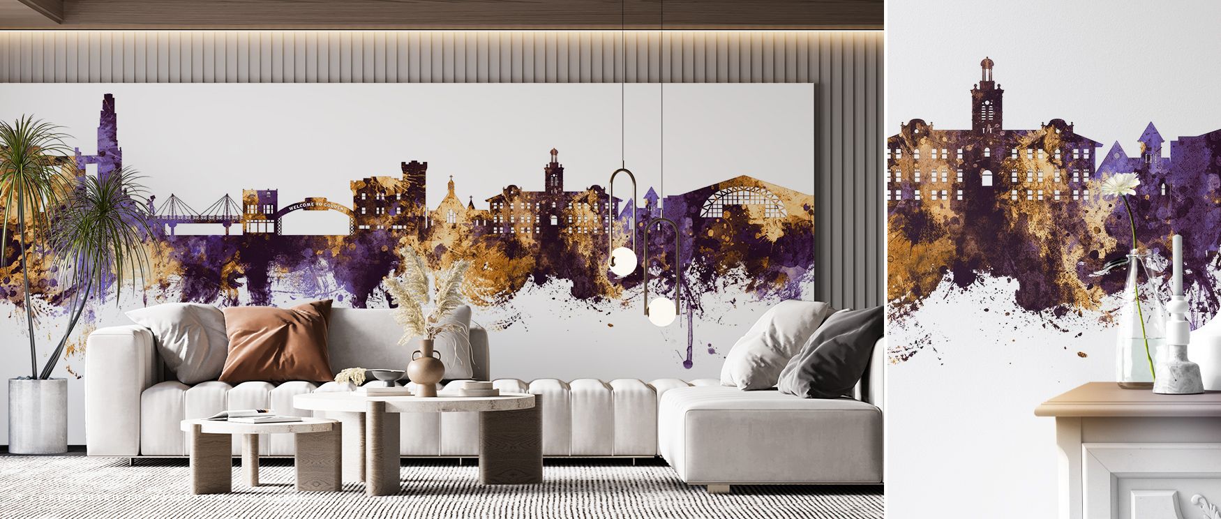 The artistry of Golden Colorado Skyline Purple & Gold Wallpaper lies in its regal balance, where purple depth complements golden warmth. Each detail enhances walls with sophistication, creating interiors that radiate heritage pride. It is perfect for spac