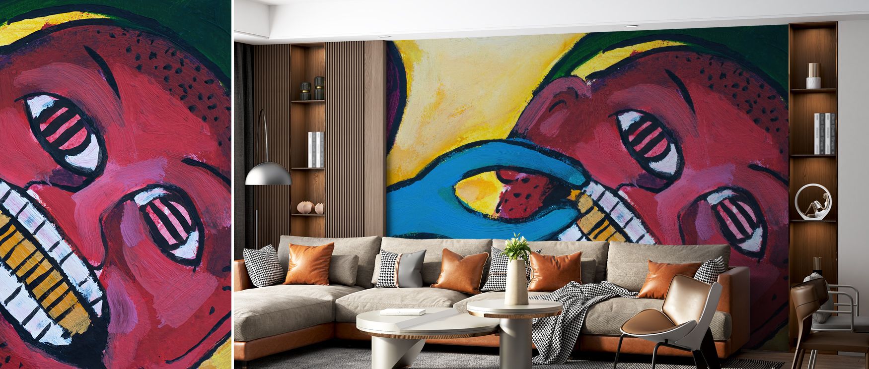 Golden Tooth Wallpaper thrives on imagination, where whimsical designs glow with golden elegance. Each element enriches interiors with humor and originality, making walls lively. This design enhances homes with playful artistry, perfect for spaces that ce