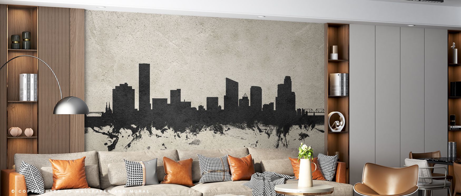 In Grand Rapids Michigan Skyline Concrete Wallpaper, refined industrial shades frame the skyline, each silhouette layered with subtle strength. The design creates a focal point of structure and depth, reminding interiors of the quiet grandeur of cityscape