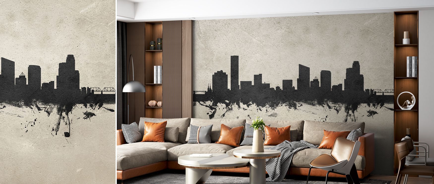 Grand Rapids Michigan Skyline Concrete Wallpaper speaks of timeless city pride, etched in shadow and shape across neutral greys. It radiates confidence, with bold architectural lines that serve as symbols of heritage. Interiors wrapped in its textures bec
