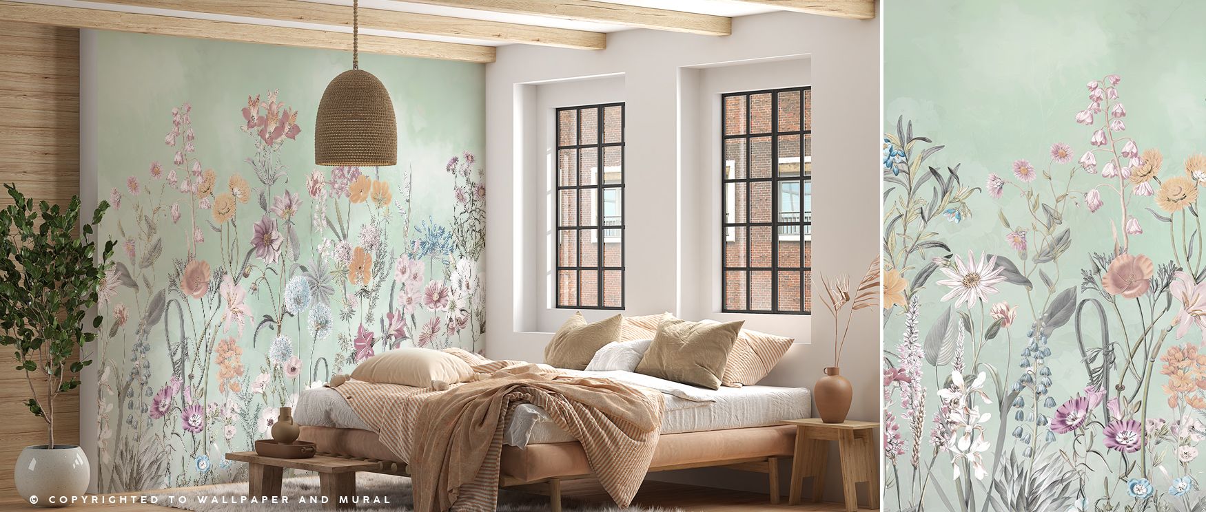 Wild Flower Meadow in Bright Green Wallpaper speaks of vitality, layering blossoms and leaves into flowing compositions. Its tones are vivid yet balanced, creating an effect that feels restorative. The design transforms walls into blooming horizons, wrapp