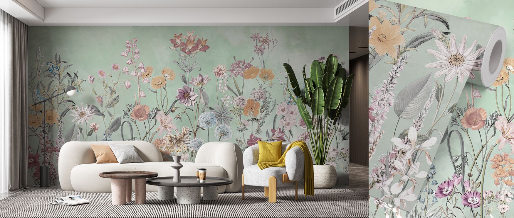 Wild Flower Meadow in Bright Green Wallpaper surrounds interiors with charm, blending delicate petals with vivid greenery in flowing harmony. Its lively character radiates across walls, creating immersive natural retreats. By enveloping spaces in its pres