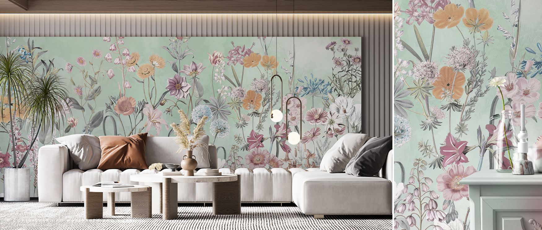 In Wild Flower Meadow in Bright Green Wallpaper, every shade and line is filled with the essence of nature’s vitality. Its flowers seem to bloom endlessly across walls, creating immersive scenery. Interiors glow with warmth and harmony, gaining balance an