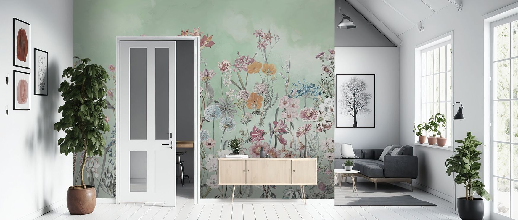 Wild Flower Meadow in Bright Green Wallpaper celebrates the dynamic beauty of wild fields, layering greenery and blossoms into vivid compositions. Its palette feels immersive, carrying joy and positivity. The design creates interiors that feel both natura