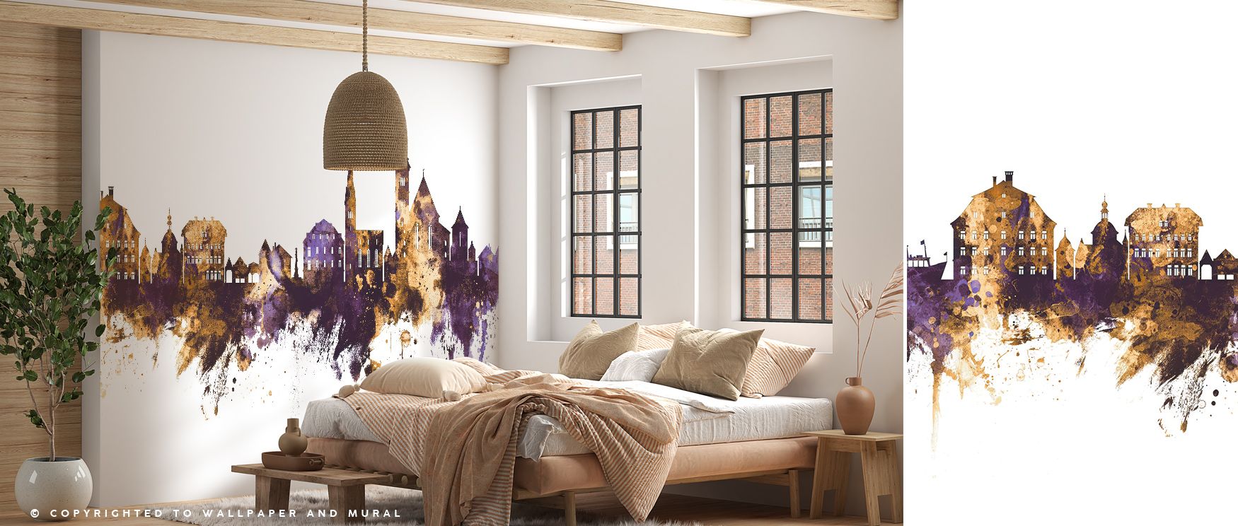 Hallstatt Austria Skyline Purple & Gold Wallpaper speaks of grandeur, layering bold hues into city silhouettes that feel majestic and balanced. Its palette glimmers with harmony, while its forms evoke heritage. This design transforms interiors into lumino