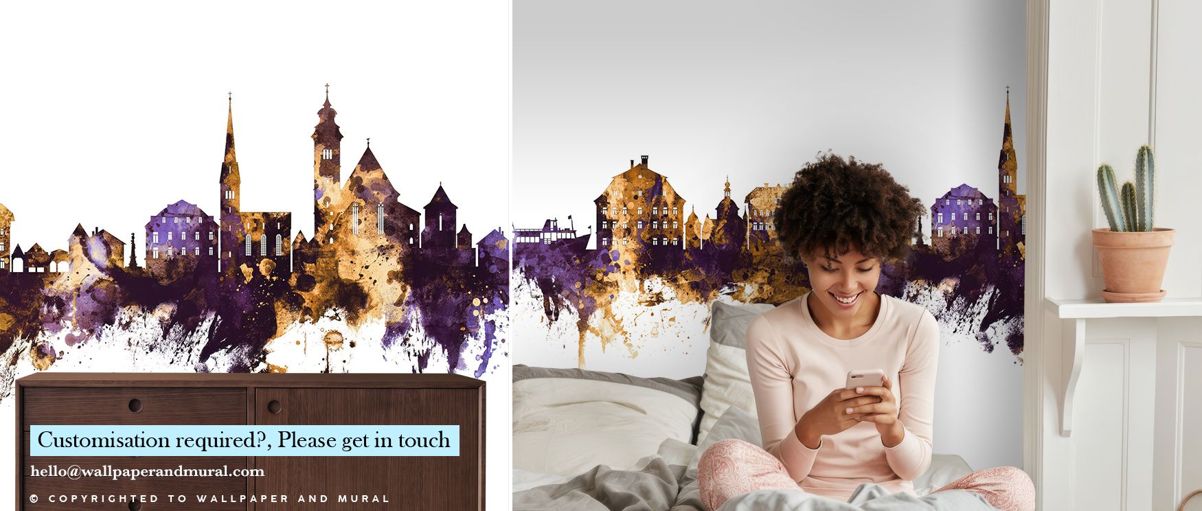 The Hallstatt Austria Skyline Purple & Gold Wallpaper design highlights the meeting of elegance and strength. Purples add depth, while golden accents shimmer across architectural forms. The effect feels regal and expressive, turning walls into cultural sh