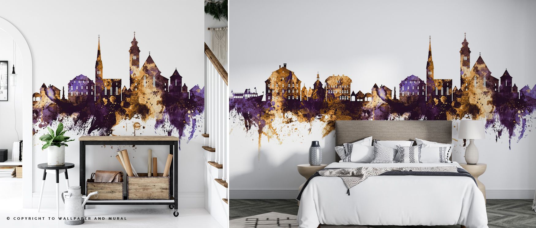 Hallstatt Austria Skyline Purple & Gold Wallpaper radiates strength and beauty, with forms framed in luminous hues. Its palette creates warmth and distinction, filling walls with cultural energy. Each silhouette becomes a symbol of pride, enriching interi