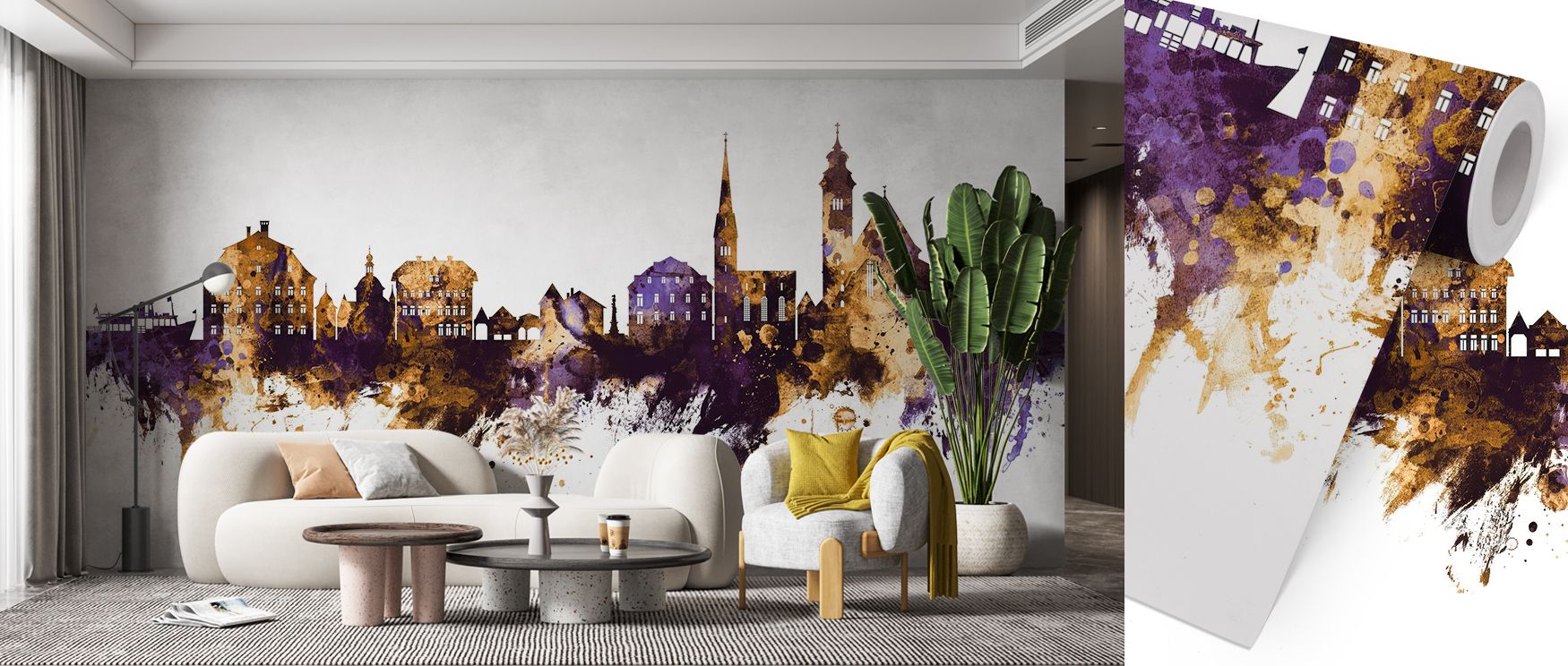 In Hallstatt Austria Skyline Purple & Gold Wallpaper, architecture is illuminated through vivid color contrasts. Purple tones suggest elegance, while gold carries brightness and warmth. Together they form a striking skyline presence, making interiors glow