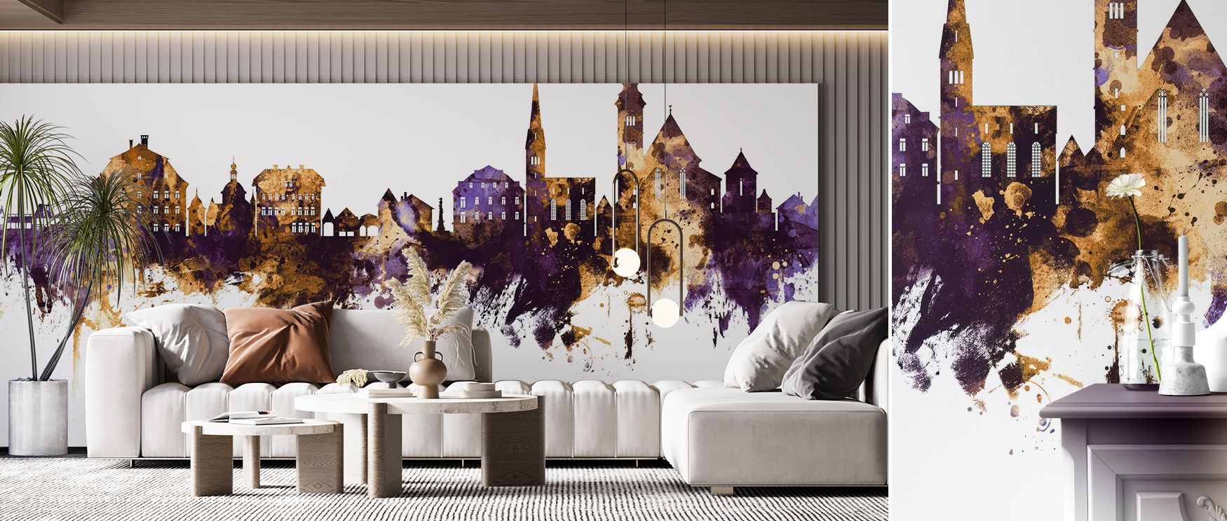 Hallstatt Austria Skyline Purple & Gold Wallpaper embodies metropolitan grandeur, with city forms glowing against a palette of luxury. Its tones radiate calm yet bold charm, perfect for walls that seek cultural voice. This design transforms interiors into