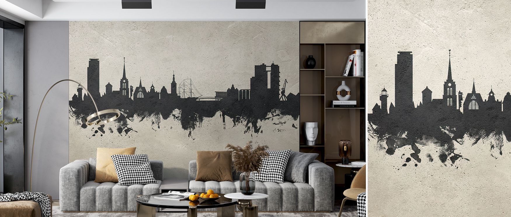 Halmstad Sweden Skyline Concrete Wallpaper transforms interiors into contemporary showcases, layering grey hues with skyline forms that radiate presence. Its aesthetic conveys strength through subtle refinement, giving walls identity and charm. Perfect fo