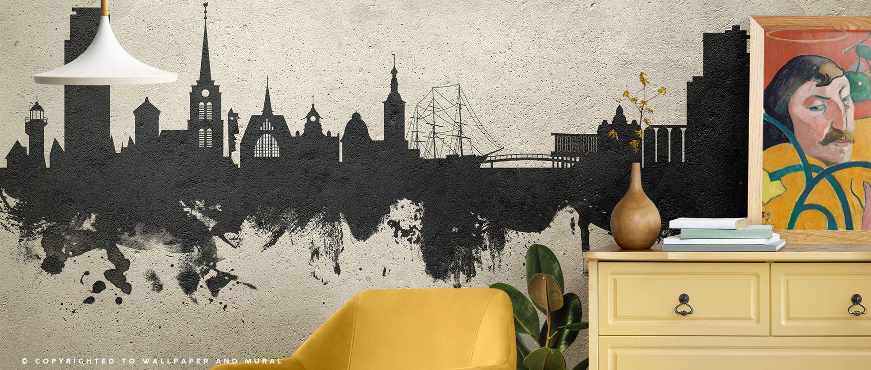 Halmstad Sweden Skyline Concrete Wallpaper conveys modern edge, where neutral tones merge with architectural silhouettes to create a grounded, sophisticated effect. Walls gain balance between strength and minimalism, embodying metropolitan pride. This des