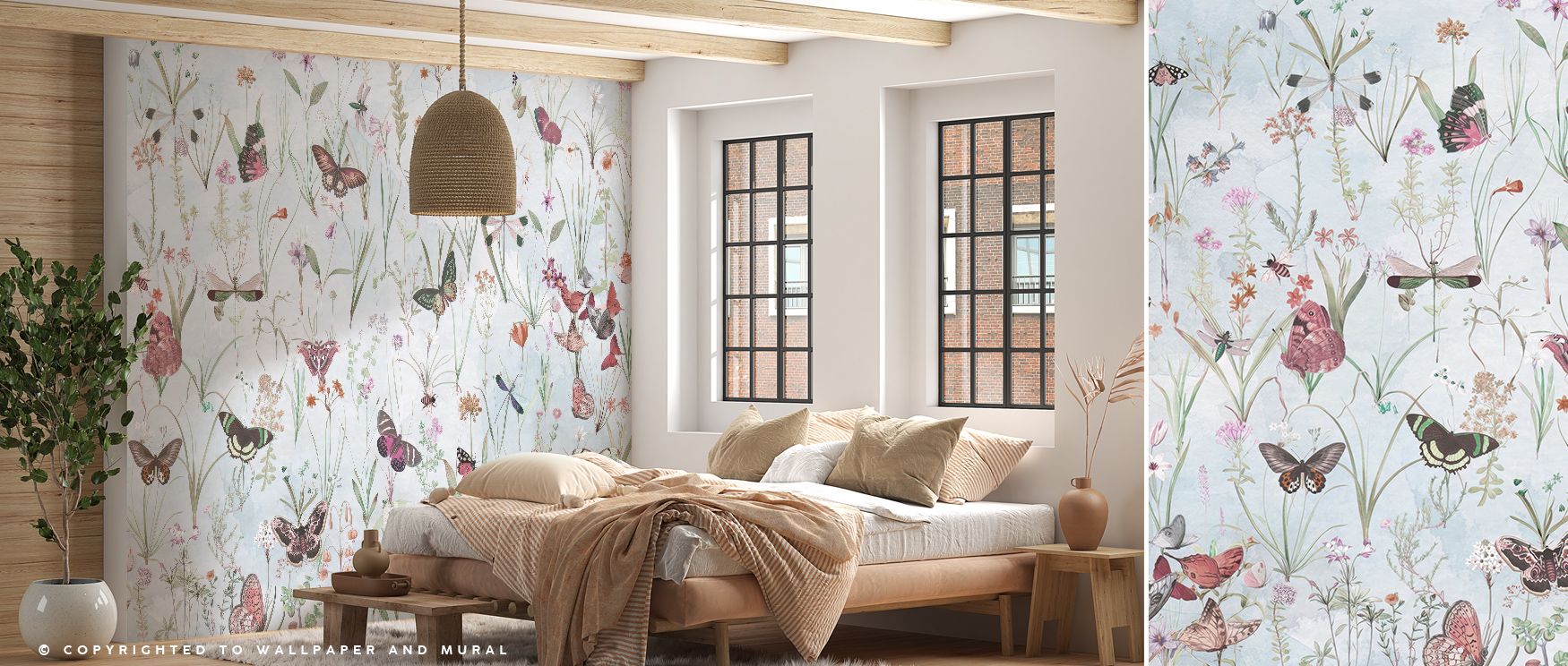 Herbals and Butterflies Blue Wallpaper embodies poetic stillness, weaving fine botanical details with butterflies into a tapestry of charm. Its tones create calm resonance, turning interiors into spaces filled with natural balance. Walls become enriched w