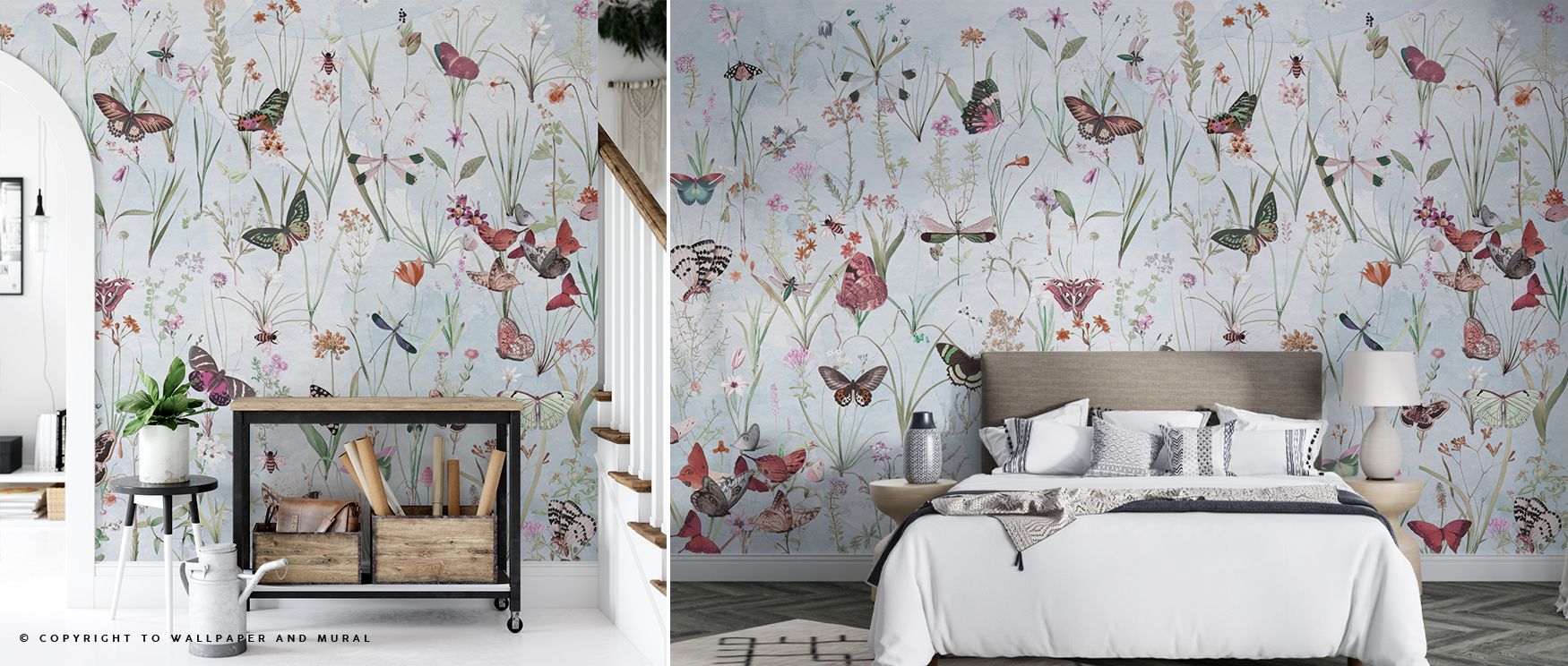 Herbals and Butterflies Blue Wallpaper resonates with elegance, with its composition of herbs and drifting butterflies glowing in soft hues. Its design feels graceful, turning interiors into havens of charm. Every wall becomes enriched with serenity, maki
