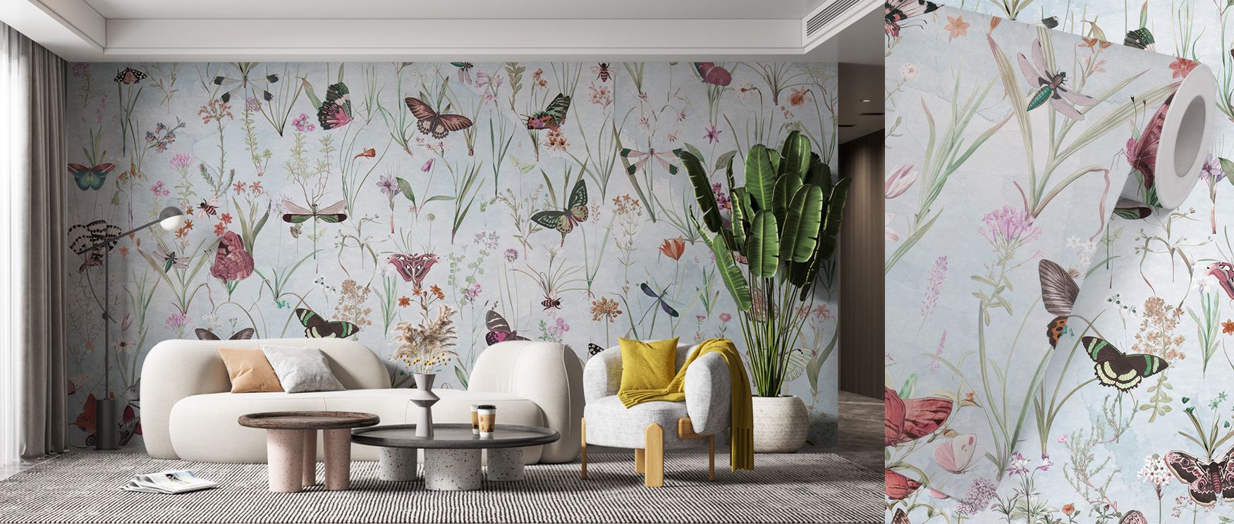The Herbals and Butterflies Blue Wallpaper design reflects natural rhythm, weaving soft elements into immersive harmony. Its tones feel calm and luminous, filling interiors with subtle charm. Walls transform into visual retreats, their presence enriched b