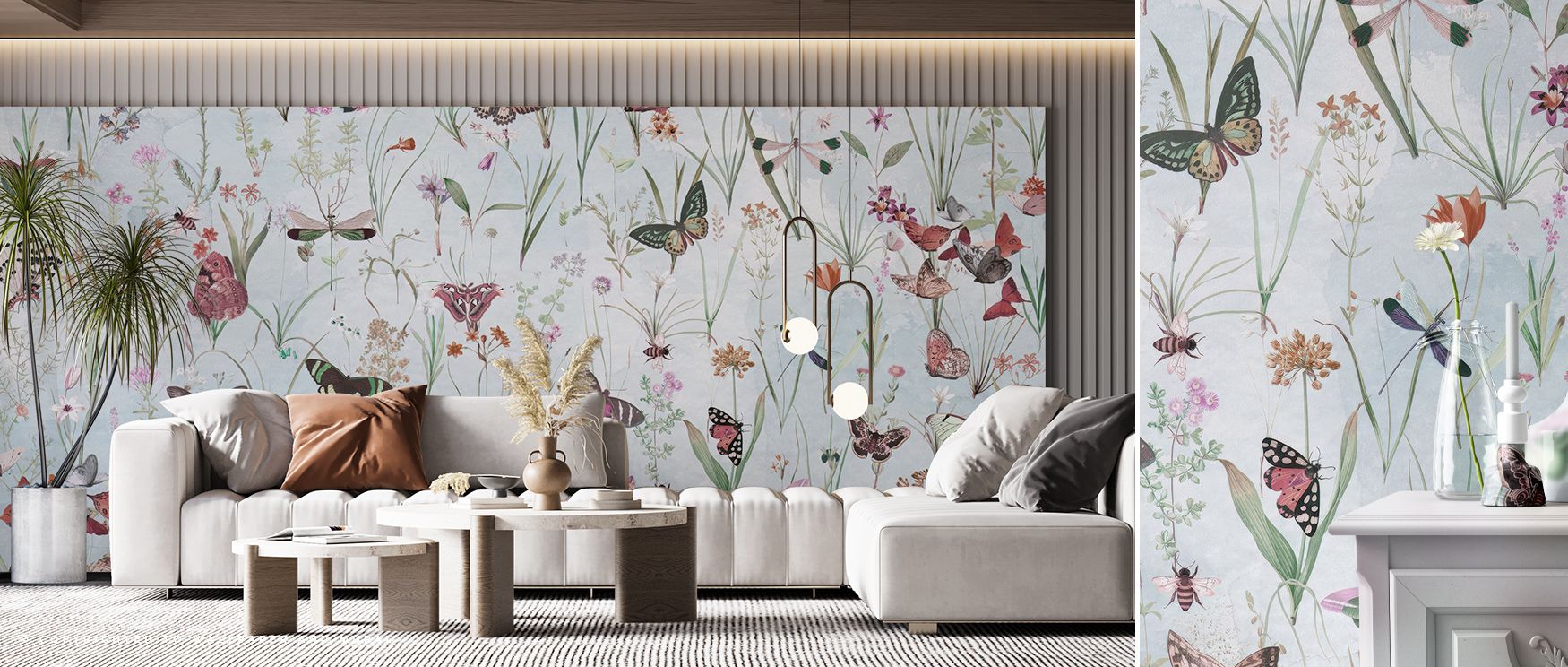 Herbals and Butterflies Blue Wallpaper conveys tranquility through refined detail, turning motifs into flowing poetry across walls. Its atmosphere feels serene, surrounding interiors with gentle presence. By infusing spaces with balance and elegance, it e