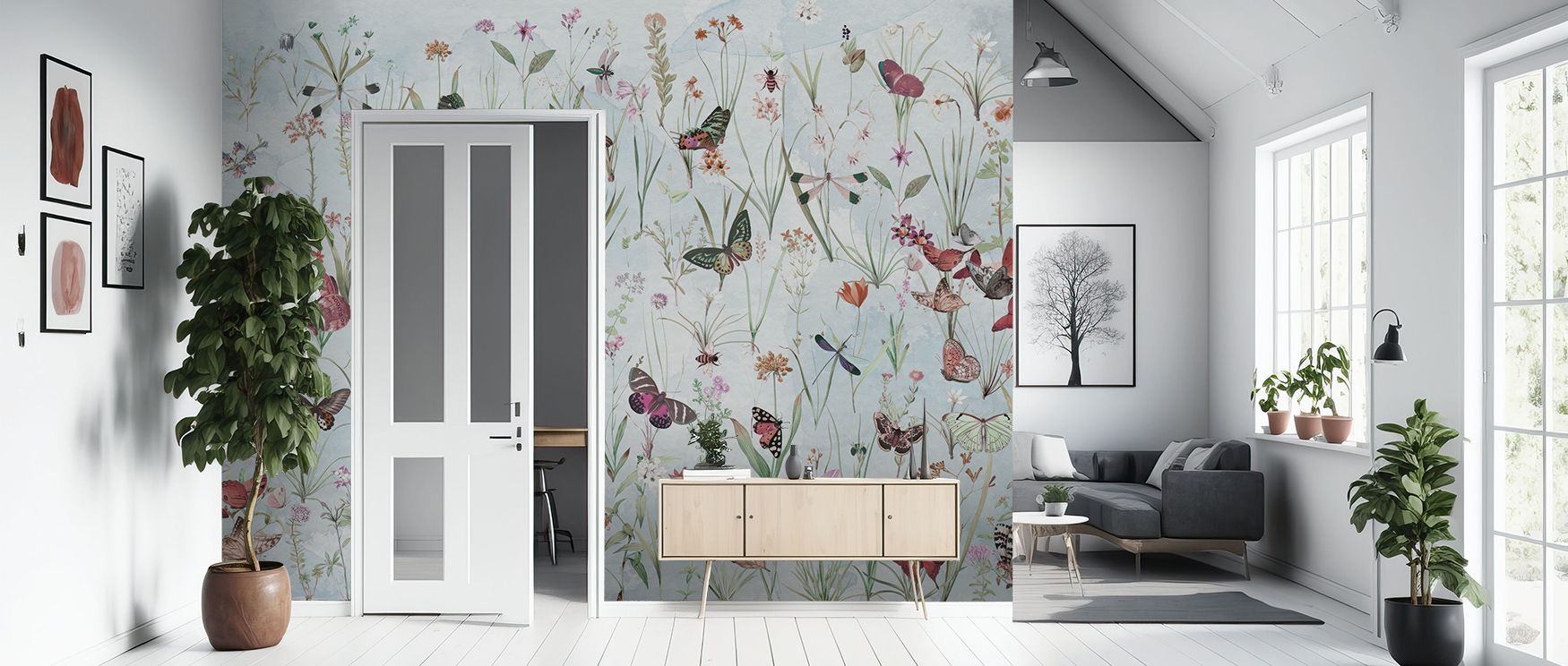 Herbals and Butterflies Blue Wallpaper adds softness to interiors, filling spaces with natural resonance. Its motifs of herbs and butterflies glow in subdued blue, enriching walls with presence of balance. Perfect for intimate settings, it transforms room