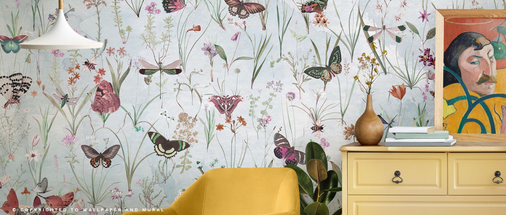 Herbals and Butterflies Blue Wallpaper radiates calm, creating compositions filled with balance and quiet rhythm. Its palette enhances walls with natural charm, surrounding interiors with serene atmosphere. Designed for bedrooms or tranquil corners, it em