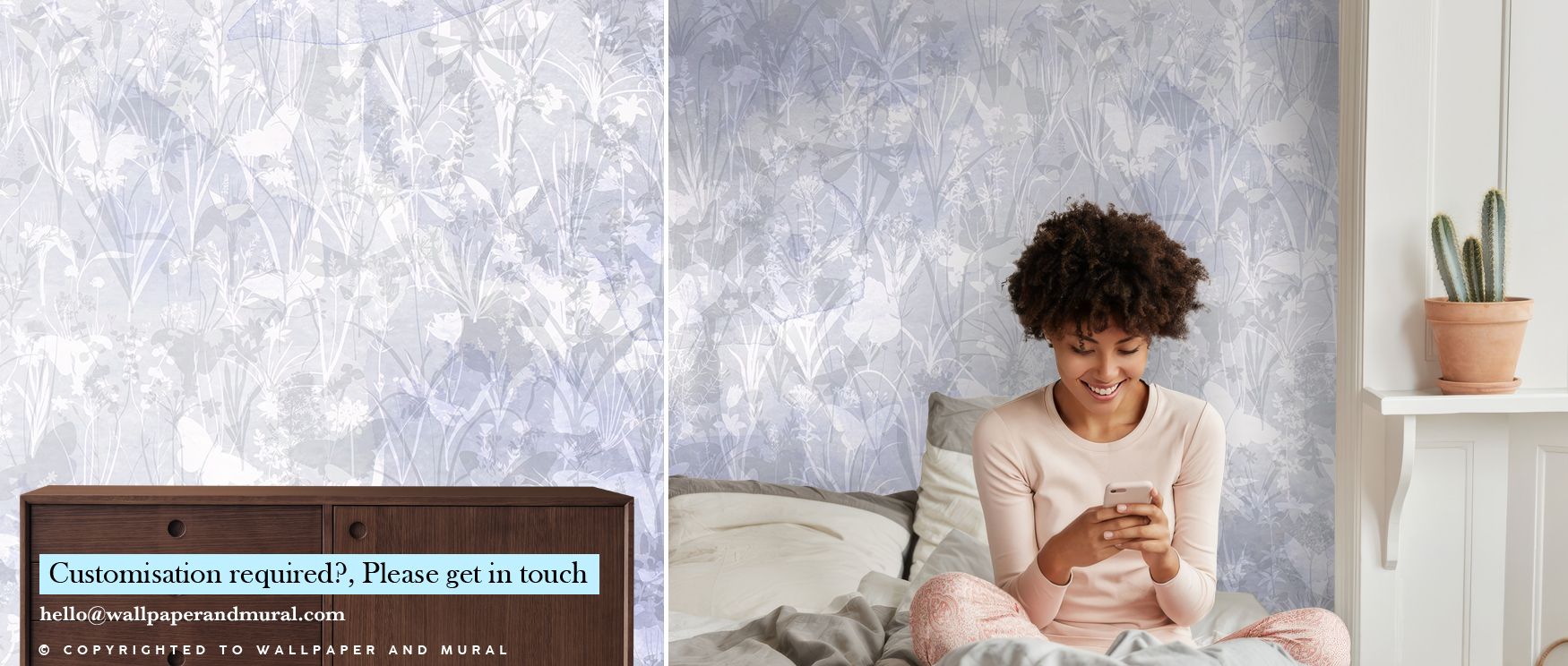 Herbals and Butterflies Double Silhouette Blue Wallpaper speaks of refinement, with its silhouettes flowing gracefully in shades of blue. The design conveys calm sophistication, turning walls into artistic reflections of balance. Interiors glow with subtl