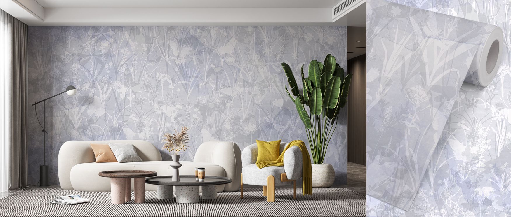 Herbals and Butterflies Double Silhouette Blue Wallpaper conveys artistic balance, weaving silhouettes into rhythmic harmony. Its forms glow with depth, creating immersive presence. Interiors become enriched with elegance and resonance, making walls feel 