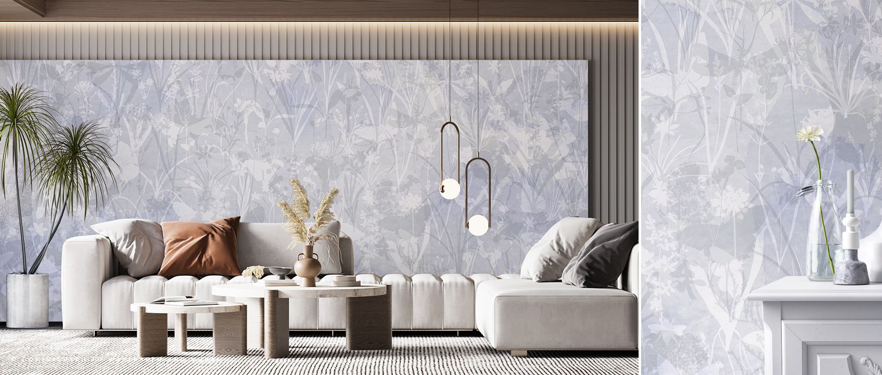 Herbals and Butterflies Double Silhouette Blue Wallpaper resonates with timeless elegance, its motifs unfolding with depth and charm. Its design surrounds interiors with presence of balance, offering walls atmosphere of quiet poise. By wrapping rooms in c