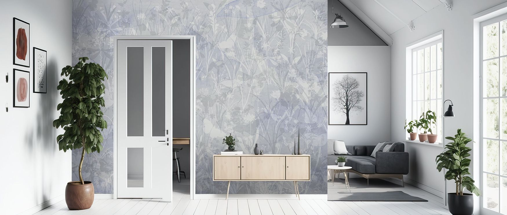 Herbals and Butterflies Double Silhouette Blue Wallpaper adds calm resonance to interiors, with layered silhouettes creating balance and charm. Its palette of rich blues glows with subtle strength, surrounding spaces with sophistication. Walls become tran