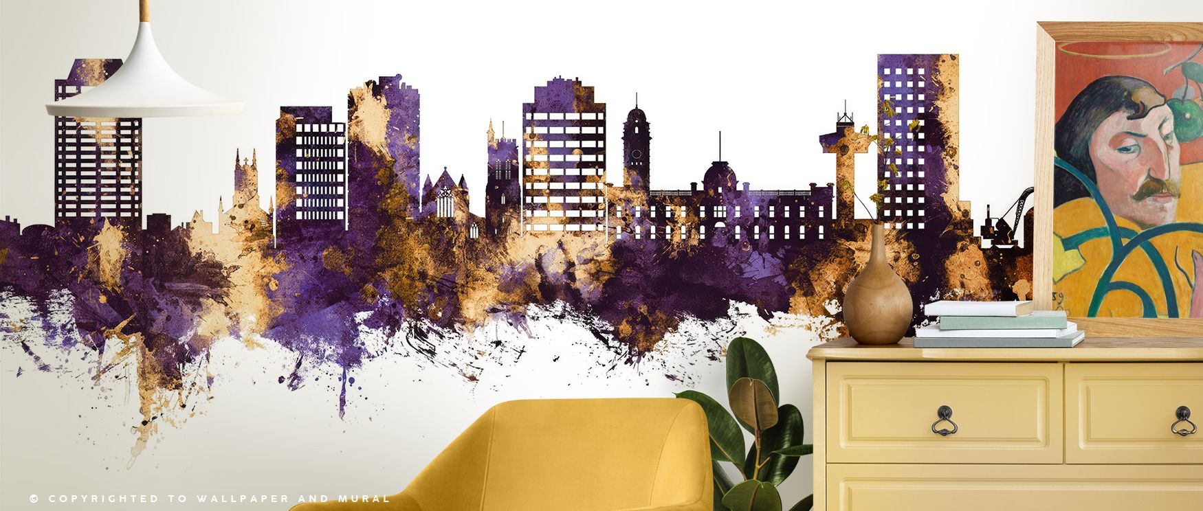 In Hobart Australia Skyline Purple & Gold Wallpaper, twilight purples blend with golden radiance, creating atmosphere filled with elegance. Its design conveys identity and pride, enriching interiors with luminous charm. Perfect for living rooms or modern 