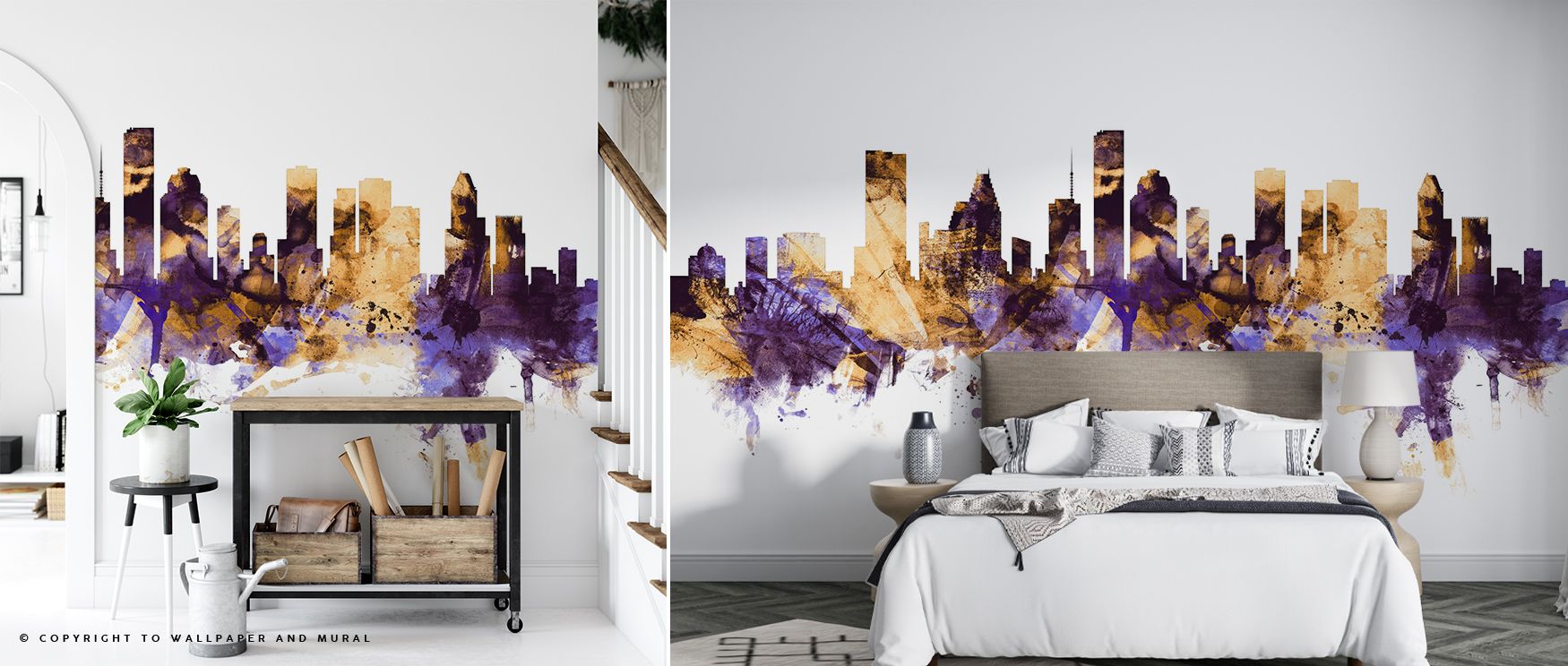 Houston Skyline Purple & Gold Wallpaper reflects pride and elegance, its palette layering twilight tones with golden accents. Interiors glow with rhythm of heritage, surrounding walls with cultural charm. This design enhances spaces with luminous sophisti