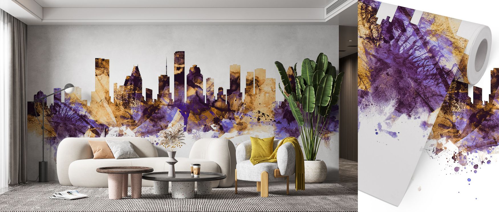 The Houston Skyline Purple & Gold Wallpaper design highlights sophistication, with strong silhouettes against regal colors. Its atmosphere conveys grandeur, enriching interiors with cultural presence. Walls glow with resonance and poise, making lofts or m