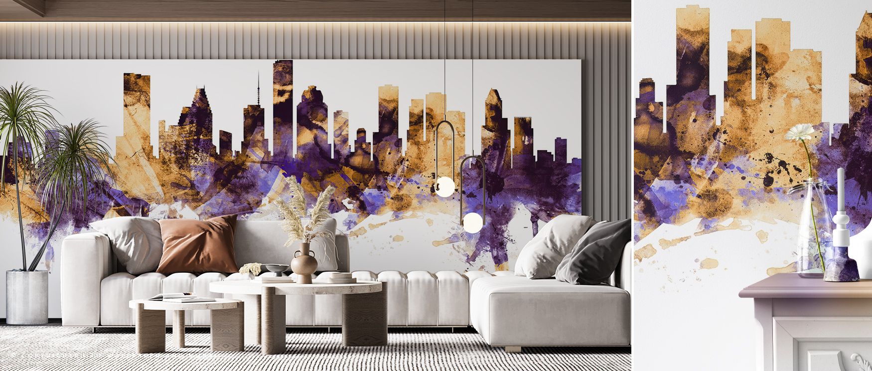Houston Skyline Purple & Gold Wallpaper embodies cultural elegance, turning city forms into luminous compositions. Its palette radiates charm, offering interiors sophistication and rhythm. This design transforms walls into metropolitan homages, surroundin