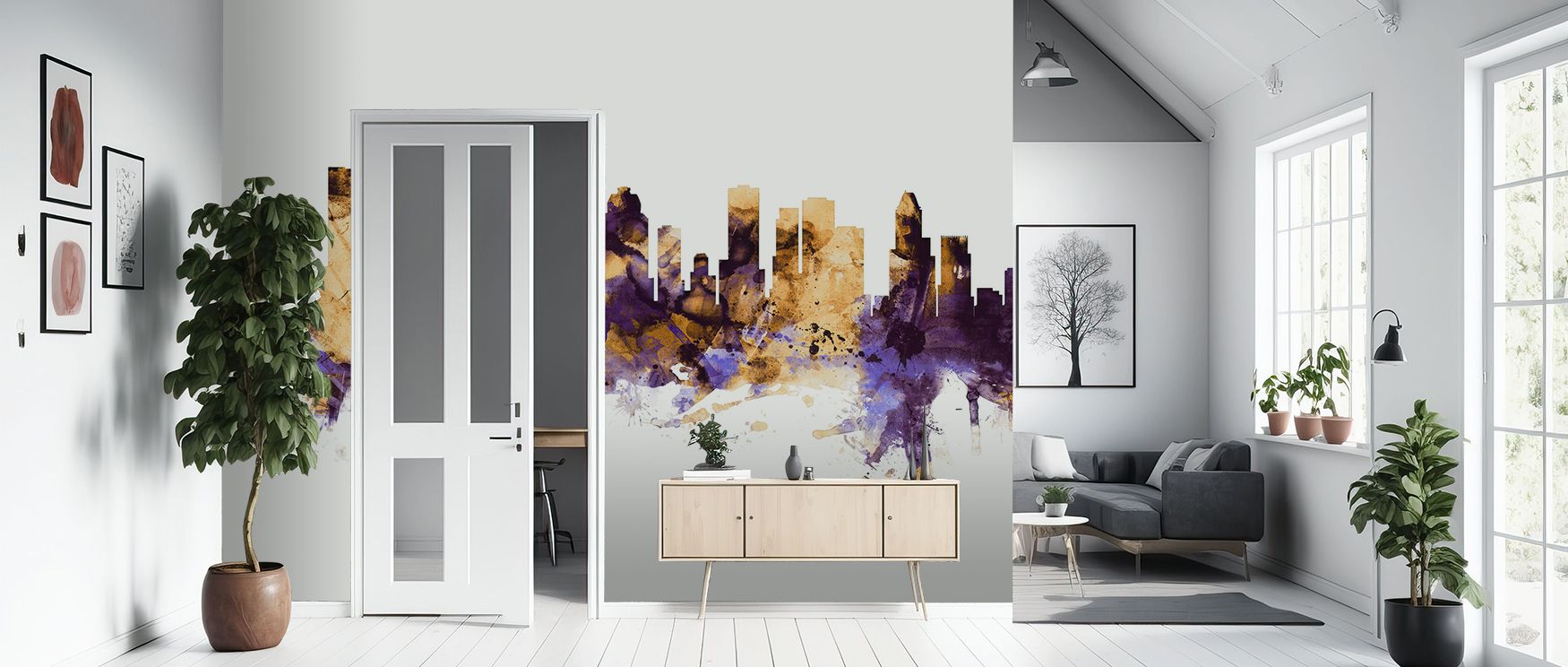 Houston Skyline Purple & Gold Wallpaper radiates strength, with twilight purples enriched by golden hues. Its skyline presence glows with heritage and elegance, surrounding walls with cultural resonance. Interiors become luminous spaces of pride, turning 