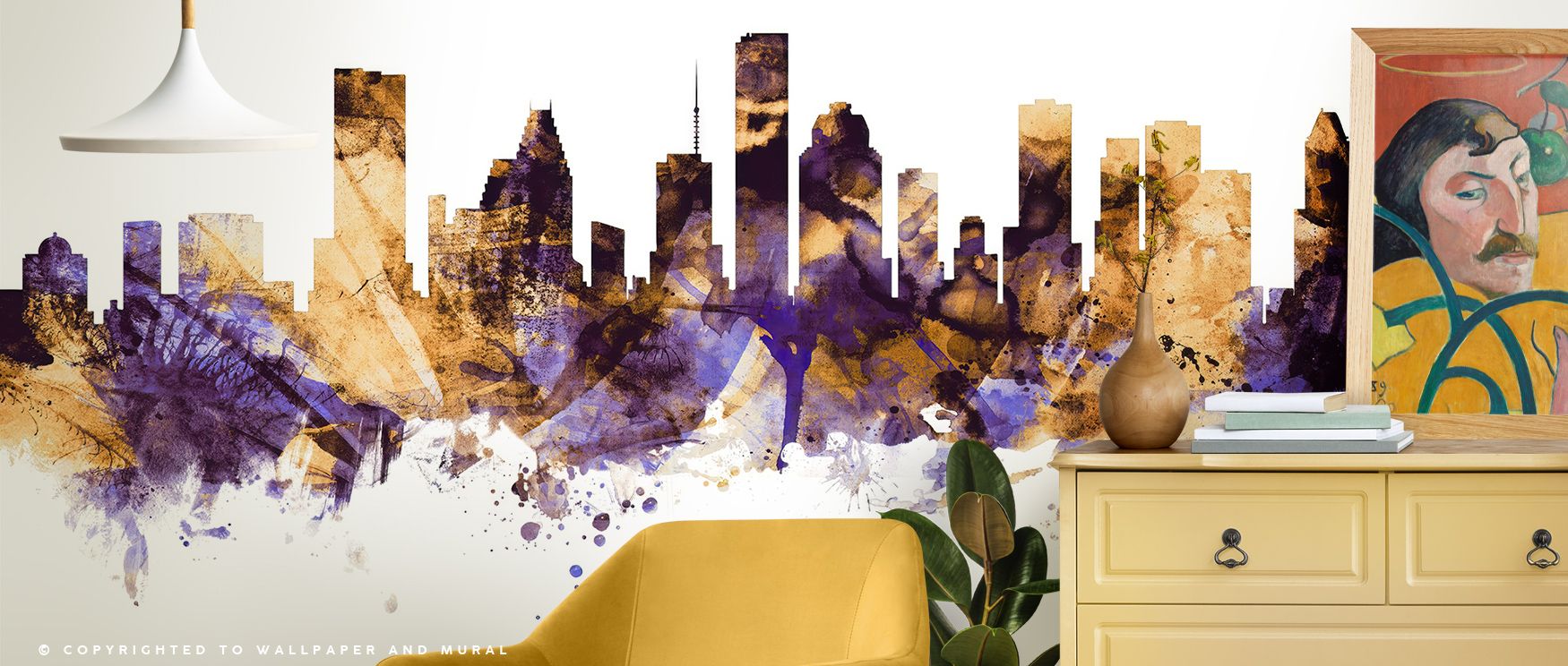 Houston Skyline Purple & Gold Wallpaper speaks of pride, surrounding interiors with rhythm of regal colors. Its palette conveys elegance and charm, creating atmosphere filled with heritage. Walls gain luxurious resonance, turning spaces into cultural refl