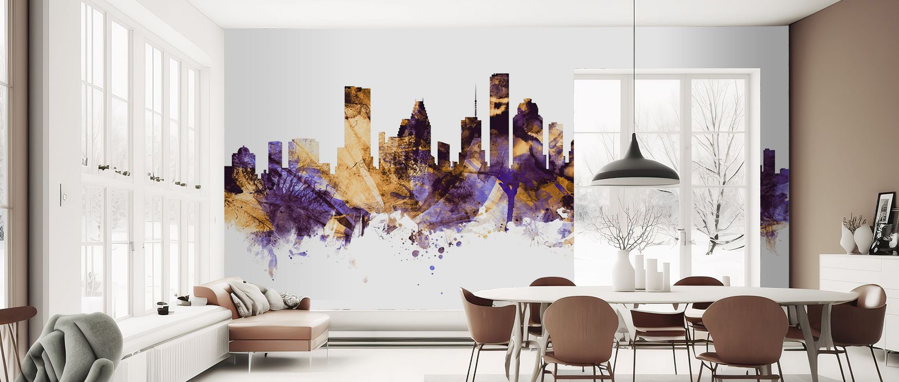Houston Skyline Purple & Gold Wallpaper creates luminous balance, with silhouettes highlighted in regal tones. Its design enhances interiors with sophistication, making walls cultural showcases. Perfect for lofts, living rooms, or stylish corners, it tran
