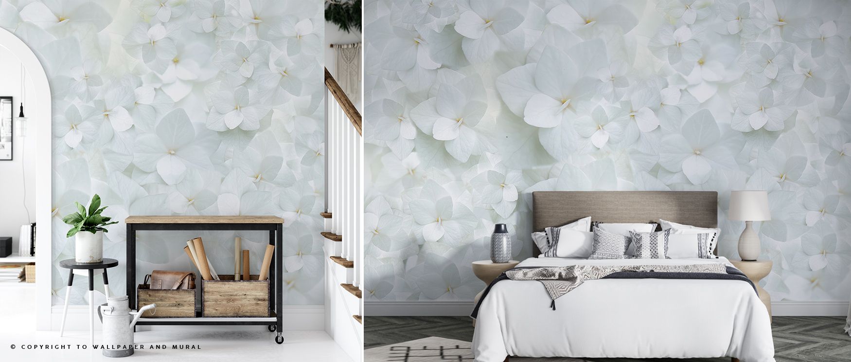 Hydrangea Whites Wallpaper speaks of elegance, surrounding interiors with luminous blossoms. Its design radiates calm and sophistication, offering walls timeless presence. Interiors gain floral grace, making spaces glow with charm. This design enhances mo
