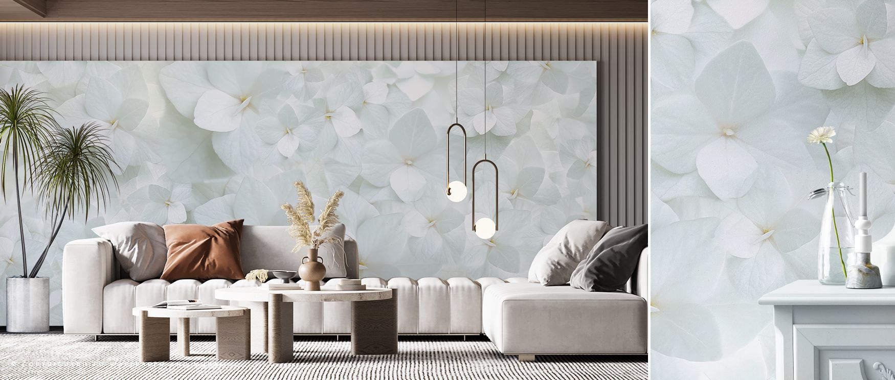 Hydrangea Whites Wallpaper reflects calm through delicate blossoms arranged in refined tones. Its design transforms walls into poetic reflections of nature’s beauty. Interiors glow with grace, making bedrooms or living areas resonate with balance, serenit